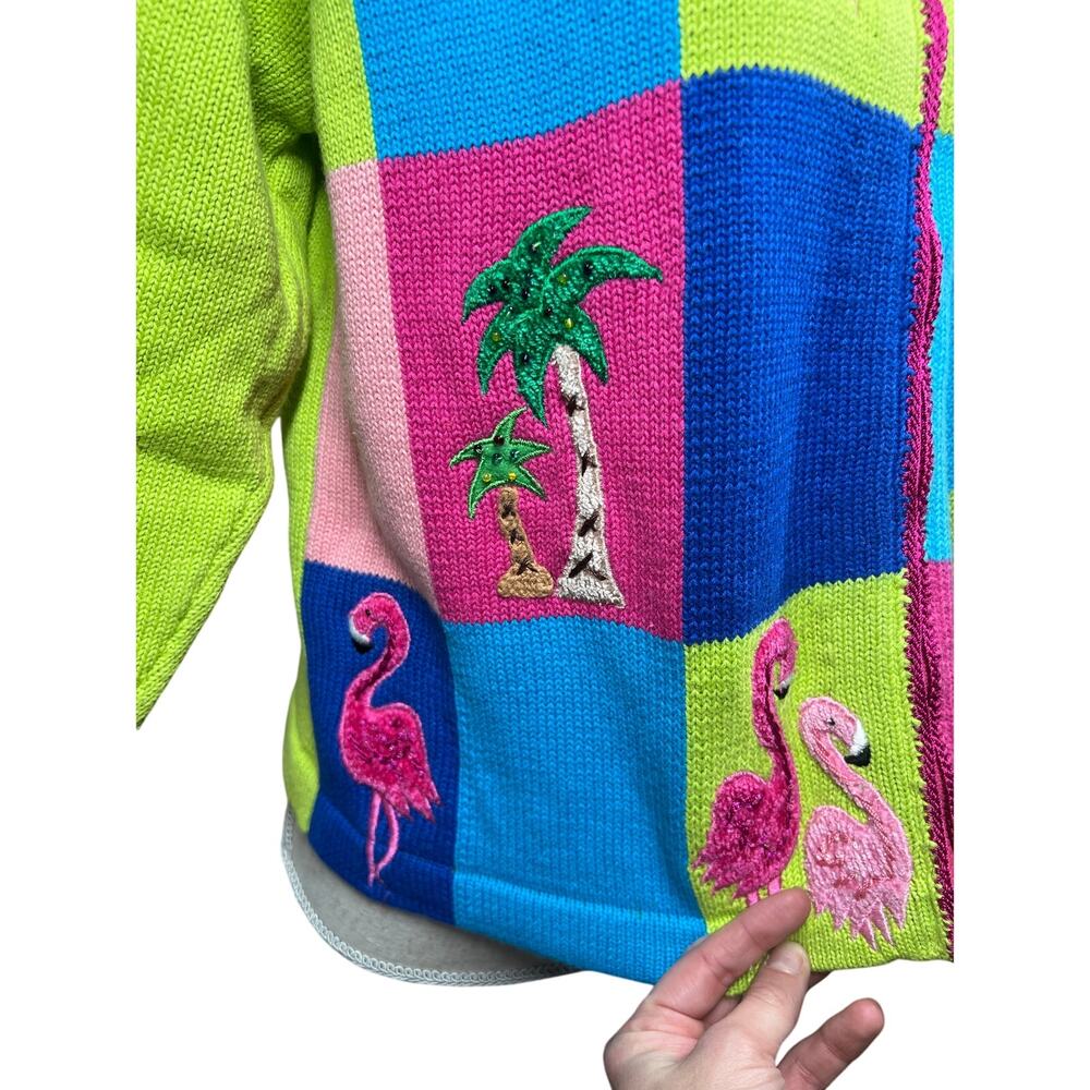 Jack B Quick Colorful Flamingo Florida Palm Sweater, size M, Pre-Loved, Dopamine - Picture 3 of 12